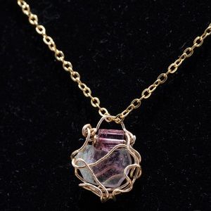 Watermelon and pink Tourmaline wrapped with 14k gold filled wire on an 18” chain